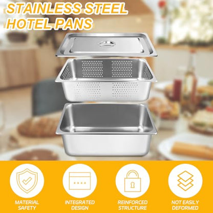 3 Pack Full Size 6 Inch, 8 Inch Hotel Pan with Lid Perforated Steam Table Pan Chafing Pans Steam Table Tray Stainless Steel Restaurant Supplies for Buffets Catering Commercial Kitchen - size: 8 inch