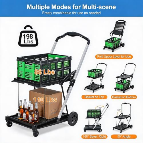 IDEALHOUSE 2-Tier Collapsible Shopping Cart 198lbs Foldable Grocery Cart - color: Green
