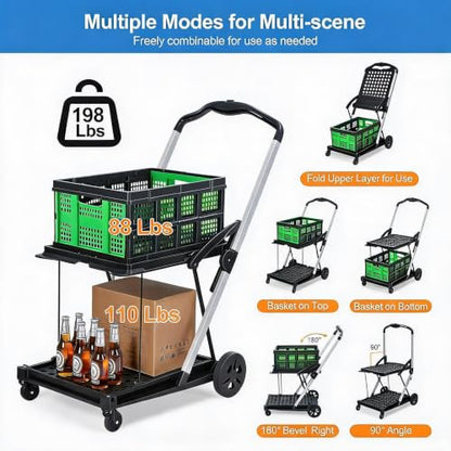 IDEALHOUSE 2-Tier Collapsible Shopping Cart 198lbs Foldable Grocery Cart - color: Green