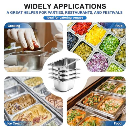 Philbinden 4 Pack Stainless Steel Hotel Pans 1/6 Size 4 Inch Deep With Lids, 0.7 mm Thick 304 Stainless Steel Hotel Pans for Ffor Home, Party, Hotel, Buffet Commercial Kitchen Use