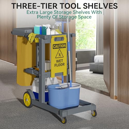 YITAHOME 3-Shelf Cleaning Carts on Wheels, Grey Janitorial Cart - color: Gray