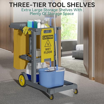 YITAHOME 3-Shelf Cleaning Carts on Wheels, Grey Janitorial Cart - color: Gray