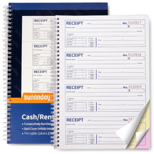 Money and Rent Receipt Books with Cardboard Insert,7-5/8" x 10-7/8" Spiral Bound,3 Part Carbonless,100 Sets per Book,4 Receipts Per Page for Rent and Cash Transaction