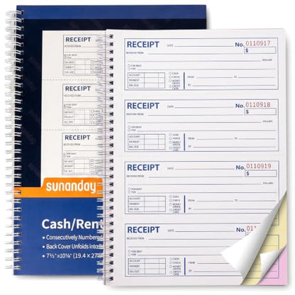 Money and Rent Receipt Books with Cardboard Insert,7-5/8" x 10-7/8" Spiral Bound,3 Part Carbonless,100 Sets per Book,4 Receipts Per Page for Rent and Cash Transaction
