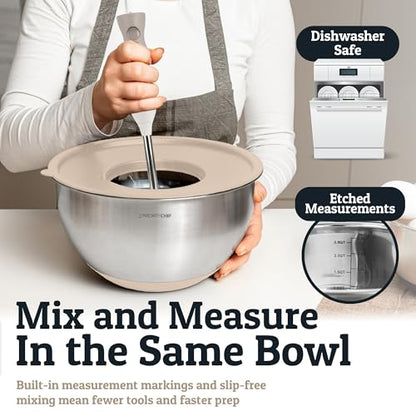 Priority Chef Stainless Steel Mixing Bowls with Lids Set, 3 Grater Attachments, Airtight Lids, Non-Slip Silicone Base Mixing Bowl Set, Large Prep Metal Mixing Bowls for Kitchen, Khaki - color: Khaki