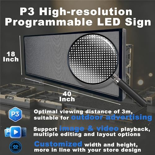 P3 Images Video Led Signs LED Display,IP65 Waterproof Outdoor Programmable Scrolling LED Sign, WIFI & USB Control, Adjustable Brightness & High Resolution, Sports Ticker Digital Display Board Electronic Menu Store Signs for Business Adversting - size: P3