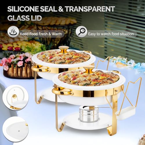 ROVSUN 6QT Chafing Dishes for Buffet 4 Pack, [Game Changer Maifanite-Coated] Chafing Dish Buffet Set, [Unique White & Gold Color] Chafers and Buffet Warmers Sets with Lid Holder for Party Wedding - color: White-gold