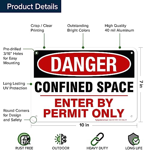 Danger Confined Space Enter By Permit Only Sign, 7x10 Inches, Rust Free - size: 7x10 - Aluminum