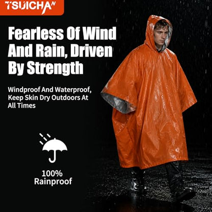 Emergency Mylar Poncho – Survival Rain Poncho with Hood – Lightweight, Compact, Reusable Emergency Blanket Poncho for Hiking, Camping, Thermal Gear, Car Kit, Outdoors