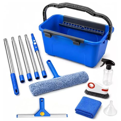 Window Cleaning Kit with 3 Gallon Bucket, 76" Extendable Window Squeegee and Microfiber Scrubber, Complete Window Washing Tools with Spray Bottle, Brush, Cloth and Funnel for Home and Commercial Use
