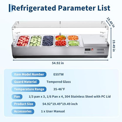 Refrigerated Condiment Prep Station, 130W Countertop Refrigerated Condiment Station, with One 1/3 & Four 1/6 Pans, 304 Stainless Body and PC Lid, Sandwich Prep Table with Glass Guard, ETL Certified - size: E40TW