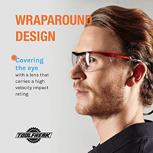 ToolFreak Safety Glasses, Wraparound Lens, ANSI z87.1, Impact Protection, U6 UV, Neck Cord and Microfibre Pouch,(Agent) - style: Clear Lens, Neck Cord + Hard Case