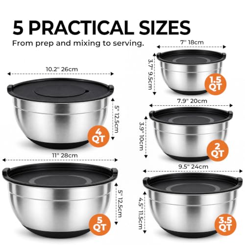 Parmedu Stainless Steel Nesting Mixing Bowls with Airtight Lids Set of 5
