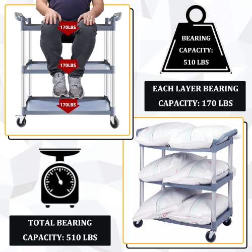 Plastic Utility Carts with Wheels, 3-Tier Medium Size Restaurant Food Cart, Heavy Duty 510lbs Capacity Rolling Service Cart w/Hammer for Commercial, Kitchen, Office (Lockable Wheels, M-Grey)