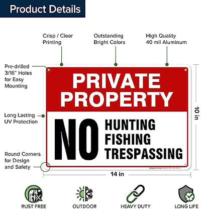 Private Property No Fishing No Hunting No Trespassing Sign, 10x14 Inches, - size: 10x14