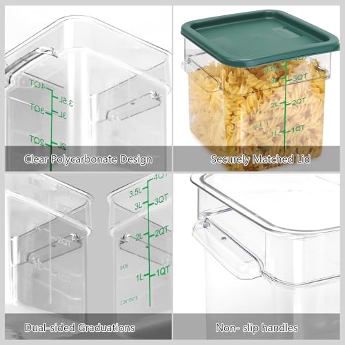4 Pack Food Storage Containers with Green Lids, 2.0 Qt - Square, Clear, Polycarbonate, for Restaurant Commercial Kitchen and Home party - color: 2.0 Qt-Green Lids