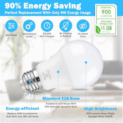 Maylaywood A19 LED Light Bulb 60W Equivalent, Dimmable 5000K Daylight White - color: Daylight White