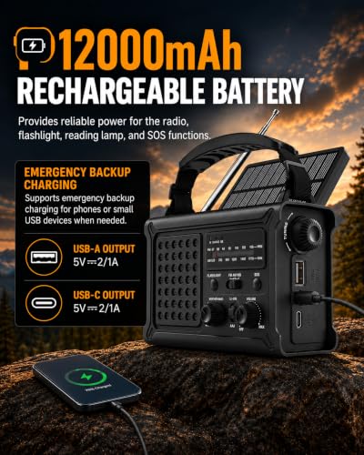 Emergency Radio, 12000mAh Solar Hand Crank NOAA Weather Radio, Black - color: Upgraded Black