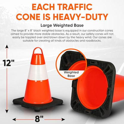 Pyle 12" PVC Traffic Cones, 12-PackSafety Cones for Parking, Construction & Roadwork, High-Visibility Orange, Durable, Stackable Design, Heavy-Duty Base for Stability in All Weather