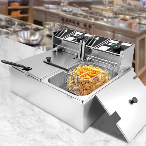 Commercial Deep Fryer 21Qt Dual Tank Deep Fryers with Baskets Food Grade Stainless Steel Electric Countertop Fryer with Adjustable Temperature, 1700wx2, 110v
