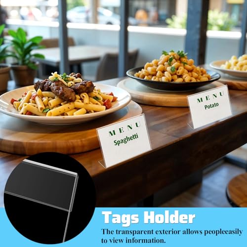 48 Pcs Small Acrylic Sign Holder 3.5"x2.4", Mini Acrylic Food Sign Labels for Party Buffet, Retail Price Display Holder, Clear Plastic Table Counter Top Stand for Place Cards, Name Card, Wedding Signs