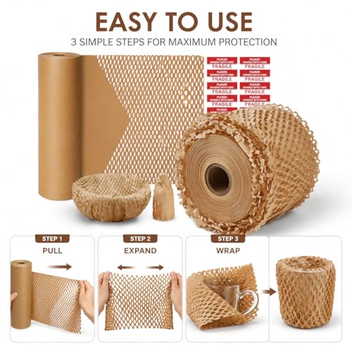 Honeycomb Packing Paper, Bubble Cushioning Wrap Alternative for Moving & Gift Wrapping, Includes 20 Fragile Sticker Labels (12Inchx100Feet) - size: 12Inchx100Feet