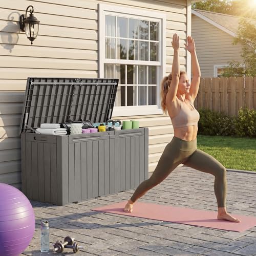 Devoko 100 Gallon Outdoor Storage Box, Waterproof Deck Box Lockable - color: Light Brown, size: 100 Gallon