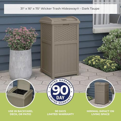Suncast Wicker Resin Outdoor Hideaway Trash Can with Latching Lid for Use in Backyard, Deck, or Patio, Dark Taupe - color: Dark Taupe