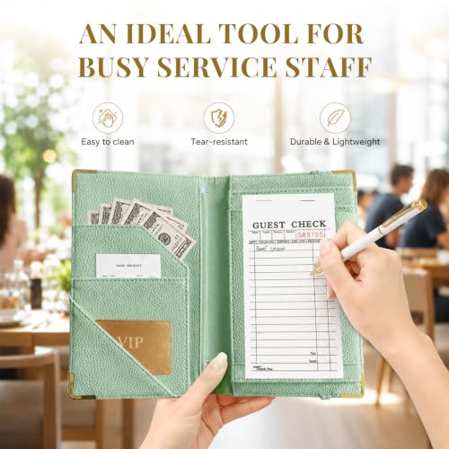 Server Book,7 Pocket Zipper Organizer,Server Books for Waitress - color: Green