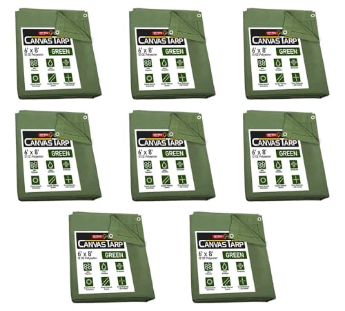 (8 Pack) 6' x 8' Green Canvas Tarp 12oz Heavy Duty Water Resistant - color: Green (8 Pcs), size: 6' x 8'