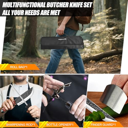 MDHAND Butcher Knife Set, Hand Forged Kitchen Chef Knife Set with Roll Bag - size: 14PCS Hammer Pattern Butcher Knife Set