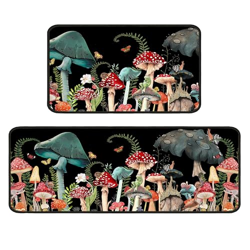 Mushroom Kitchen Rugs 2 Piece Set for Floor Mat, Non Skid Washable Absorbent Microfiber Mushroom Kitchen Mat for in Front of Sink for Standing for Home Mushroom Kitchen Decor 17"X30"+17"X47" - color: Mushroom Kitchen Mat