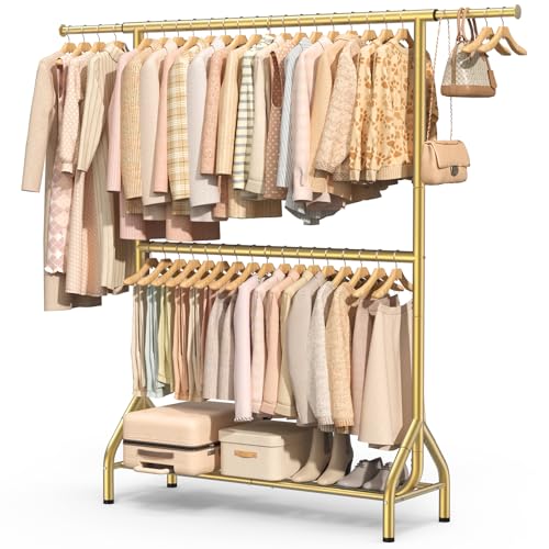 EAGMAK Double Rod Clothing Rack Load 622 LBS, Heavy Duty Clothes Rack for Hanging Clothes, 82.68 inch High Garment Rack with Storage Shelves, Metal Clothing Hanger Closet Wardrobe Organizer (Gold) - color: Gold, size: 43.3"×18.9"×82.68"( Leveling Foot)