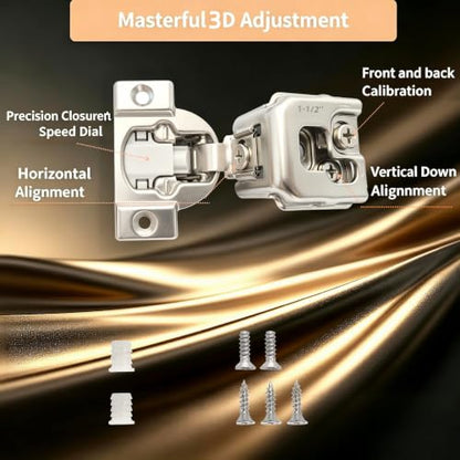 Soft‑Close 1‑1/2" Overlay Cabinet Hinges, 105 Degree 3D Adjustable Concealed Hinges, Satin Nickel Finish, for Face Frame Kitchen Cabinet Doors, 2‑Pack (1 Pair) - size: 1-1/2inch Overlay