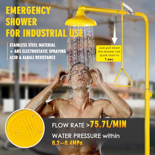 CGOLDENWALL Emergency Shower Eye Wash Station Combination Eye Wash Station with Shower, NPT Thread, with Emergency Sign, 304 Stainless Steel+Yellow Coating - color: 304 Stainless Steel + Yellow Coating