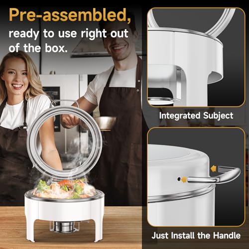 Chafing Dishes for Buffet, 6QT Round Stainless Steel Chafing Dish with Transparent Hydraulic Lid, 304 Food Pan, Buffet Warmer for Parties and Events (White) - color: White