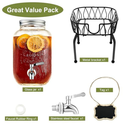 2 Gallon Beverage Dispenser with Stand and Lid, 18/8 Stainless Steel Spigot - Mason Jar Drink Dispensers with Lids, Glass Drink Dispensers for Parties