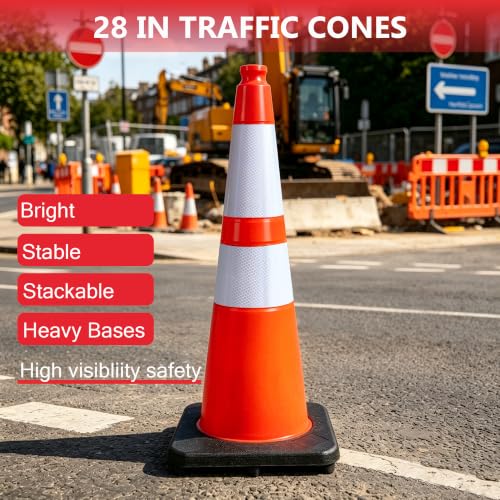 28 Inch Orange Traffic Cones, 4 Pack Heavy Duty PVC Safety Cones - color: Orange