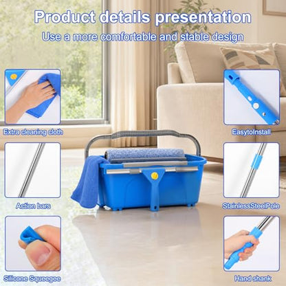 Professional Window Cleaning Kit with Bucket 3 Gallon, 76" Long Handle Squeegee and Microfiber Scrubber, High Window Washing Equipment for Indoor Outdoor, Commercial, Home, Car