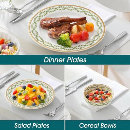 Bone China Dinnerware Set for 4, 12 Pcs White Plates and Bowls, Green Rim - color: Green