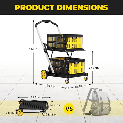 8-in-1 Max 200LBS Collapsible Shopping Cart on Wheels with 2 Storage Crates, Portable Foldable Shopping Cart with Foot Brake for Picnic, Supermarket, Office, Yellow-2026 Upgraded - color: Yellow