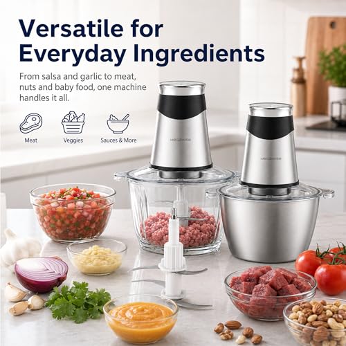 MEGAWISE 800W Electric Food Chopper, 2.2L Glass & 1.2L Stainless Bowls