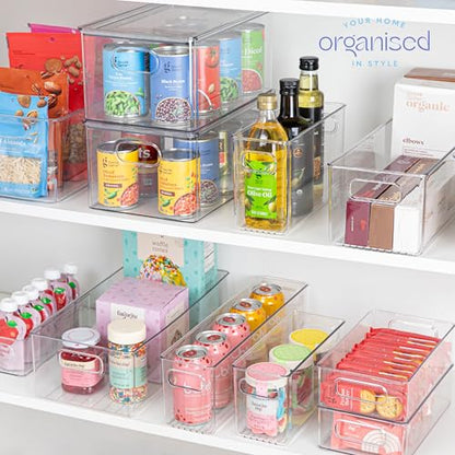Plastic Food Storage 2 Pack Clear Container Bin with Handles for Organizing Kitchen, Pantry, Refrigerator, Freezer, Pantry, Cabinet, Closet, Bathroom. 10”x4”x6” - size: 10x4x6