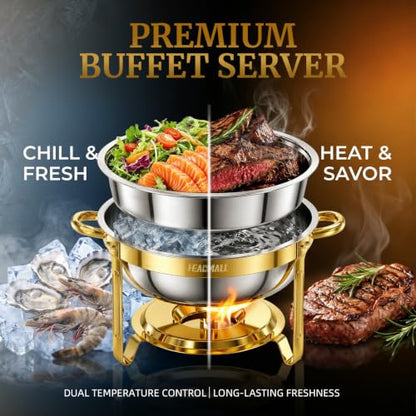 HEADMALL Chafing Dishes for Buffet 4 Pack, 6QT Round Gold Chafing Dish Buffet Set with High Dome Lid, Stainless Steel Food Warmers for Parties, Catering Supplies and Buffet Servers, Safe Rolled Edge - color: Gold