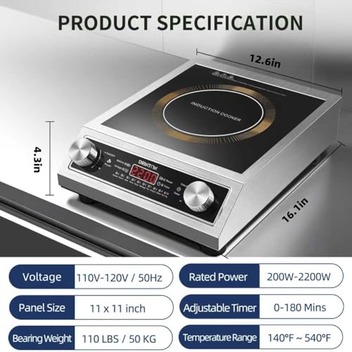 Induction Cooker, 2200W Commercial Induction Cooktop, Large Countertop Burner with 10 Cooking Functions & Dual IGBT for Safe Use, Portable Stainless Steel Hot Plate with 3 Hours Timer, 120V
