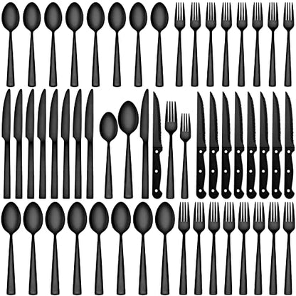 72-Piece Black Silverware Set with Steak Knives for 12, Black Flatware Set