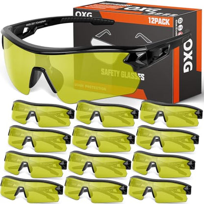 OXG 12 Pack Safety Glasses for Men Women, ANSI Z87.1 Protective Eyewear - color: Yellow