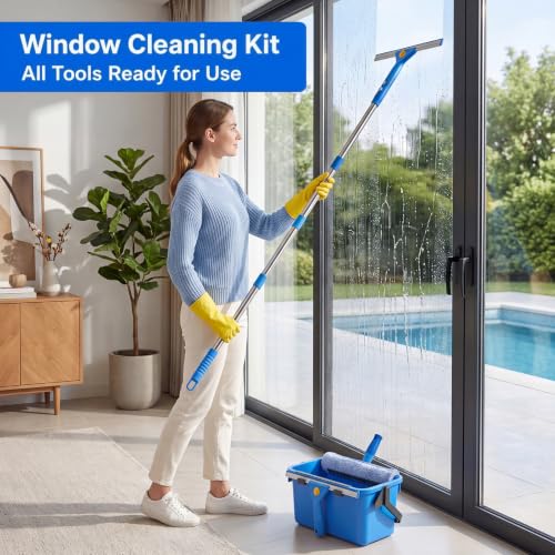 Window Cleaning Kit - 3 Gal Bucket, 15" Microfiber Scrubber & Chenille Sleeve, 14" Squeegee with 79" Extension Pole, Metal Scraper, Indoor & Outdoor Window Tools for Home & Commercial Use