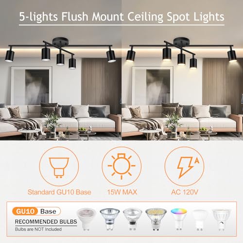 BoostArea 5 Light Track Lighting Kit, Black 5 Way Ceiling Spot Lighting, Center Swivel Track Light Heads, Flexibly Rotatable Light Head for Kitchen, Living Room, Bedroom, GU10 Bulb Not Included - color: Rotatable-5 Light-Black