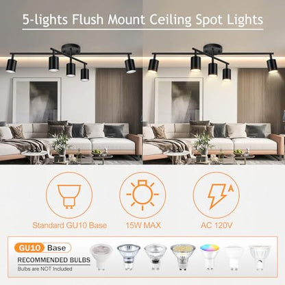 BoostArea 5 Light Track Lighting Kit, Black 5 Way Ceiling Spot Lighting, Center Swivel Track Light Heads, Flexibly Rotatable Light Head for Kitchen, Living Room, Bedroom, GU10 Bulb Not Included - color: Rotatable-5 Light-Black
